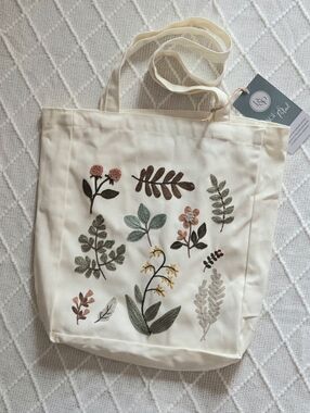 Page And Petal Flowers Plants Resuable Embroidered Cotton Tote Satchel